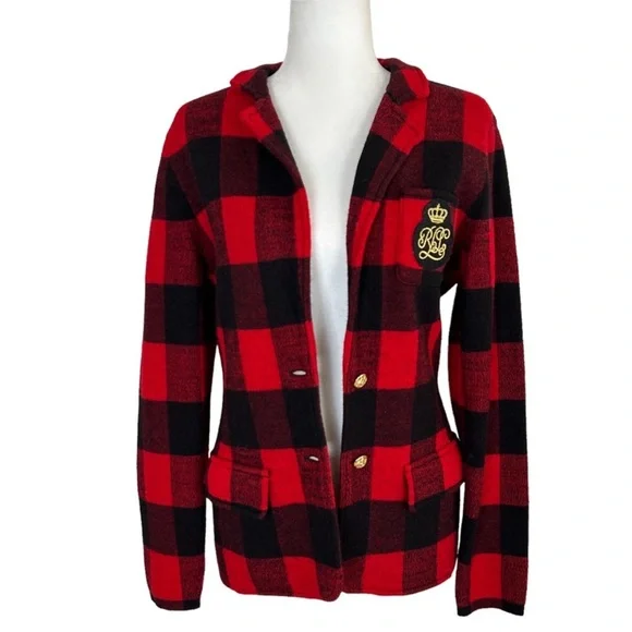 Ralph Lauren Buffalo Check Plaid Wool Knit Sweater Blazer Jacket Crest Rugby Lg - Picture 7 of 13